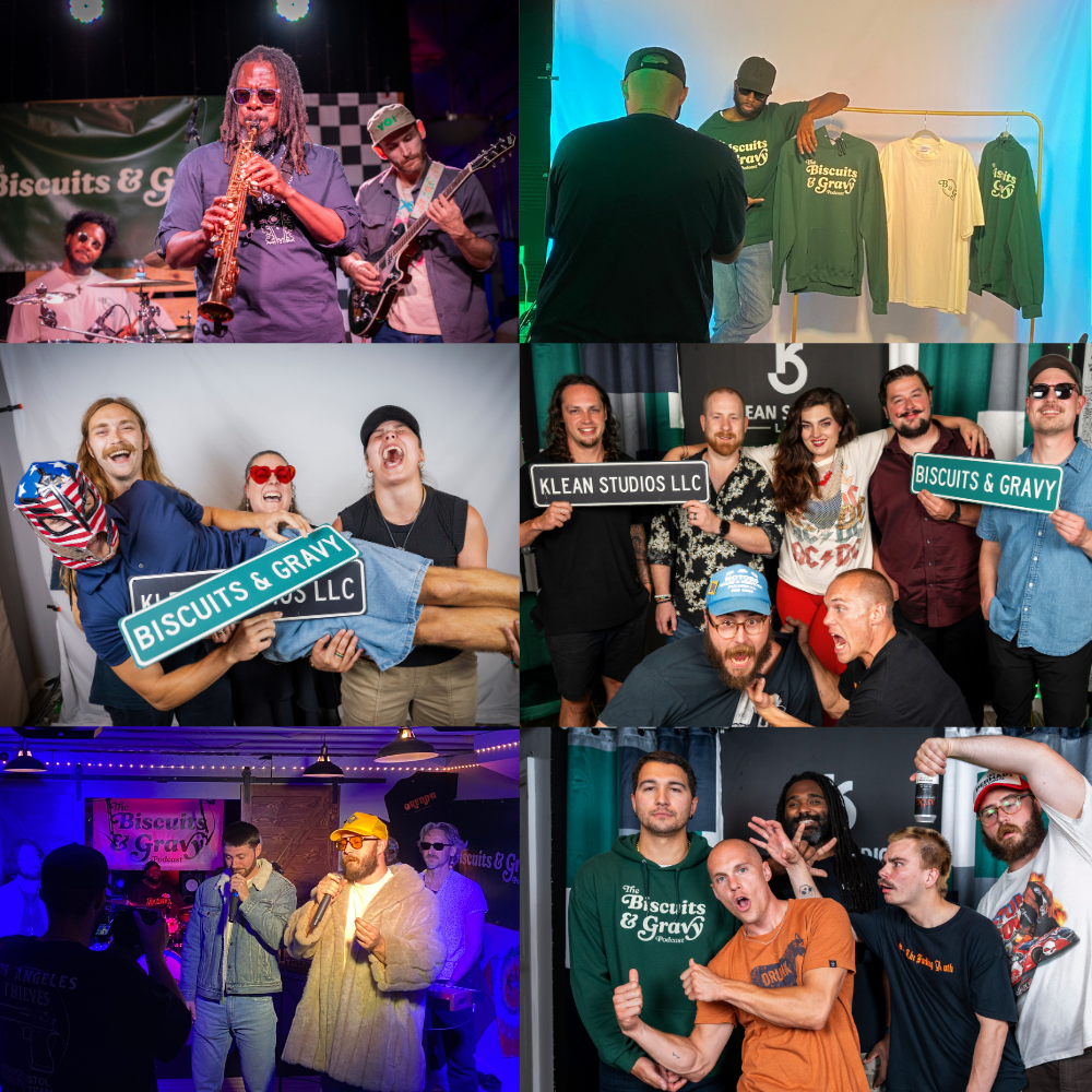 A collage of Biscuits and Gravy guests, performances, and production moments