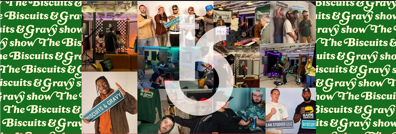 A collage of Biscuits and Gravy guests, performances, and production moments