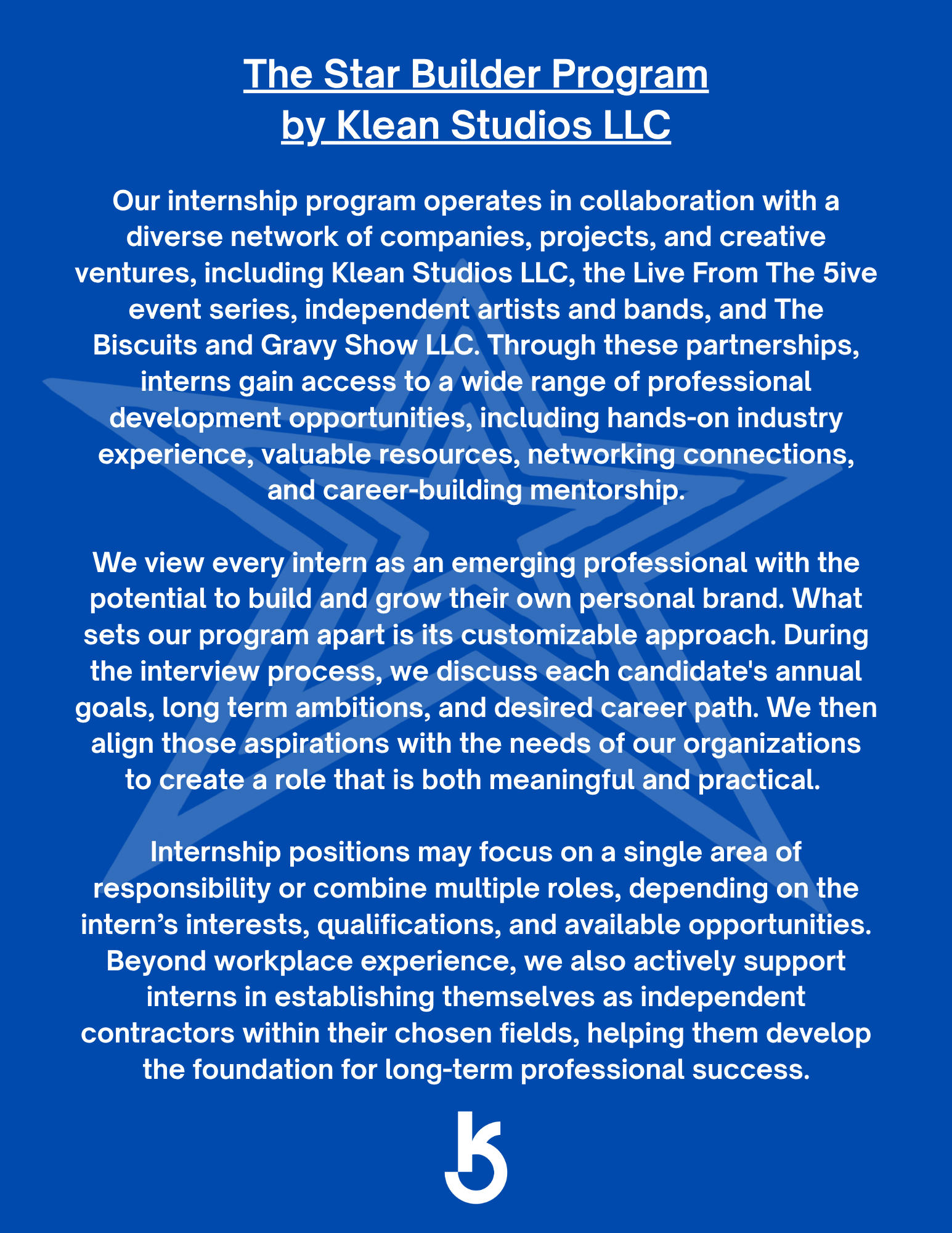 The Star Builder Program by Klean Studios LLC internship program description
